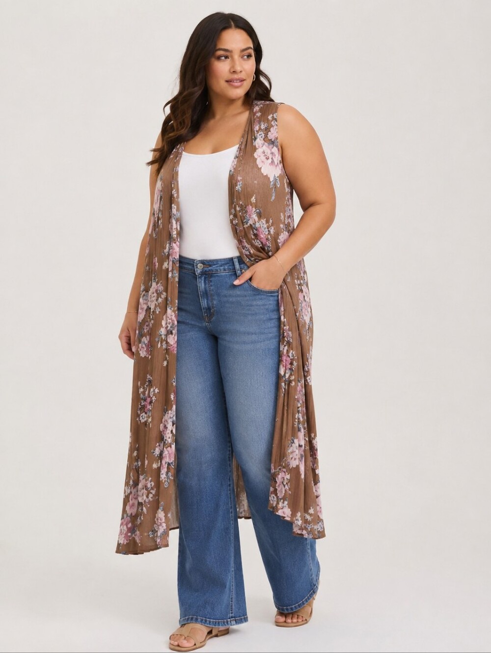 torrid Brown Floral Sleeveless Maxi Vest with Pink Blooms